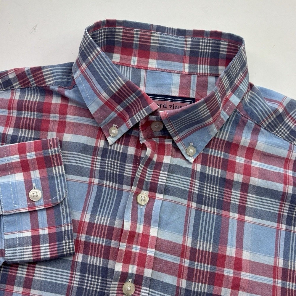 Vineyard Vines Murray Shirt Mens M Red Blue Plaid Cotton Button Down Long Sleeve